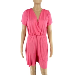 RINASCIMENTO Women Pink V Neck Short Sleeves Asymmetric Dress Size L - Picture 1 of 10