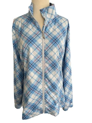Chaqueta cortavientos talla grande IZOD Golf para mujer cremallera completa azul blanco rojo a cuadros Foto 1 de 4