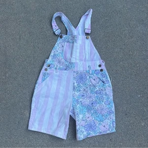 Vintage 80s 90s Camp Beverly Hills Pastel Stripe Floral Jean Shortalls Overalls - Picture 1 of 11