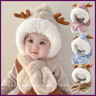 Sombrero de invierno para niños y niñas dibujos animados ciervo cuerno bufanda de una pieza de piel sintética Foto 1 de 4