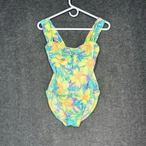 Vintage Swimsuit Womens 10 High Cut Tropical Neon One Piece Wide Strap Underwire - Picture 1 of 19