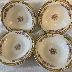Edwin M Knowles Set 4 Dessert Fruit Bowl 5 1/2” Rose Bouquet gold trim Boho READ - Picture 1 of 7