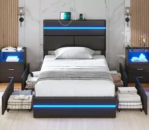 Twin Bed Frame with Storage Drawers & Headboard LED Upholstered Bed Frame Black - Picture 1 of 9