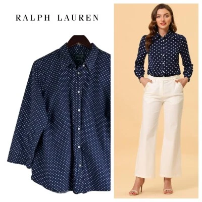 Ralph Lauren Talla 2X XXL 18 20 Camisa Top Blusa Abotonada Lunares Azul Marino i Foto 1 de 4