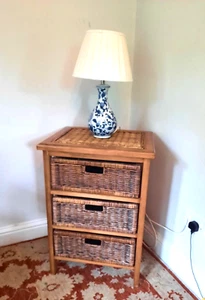 Vintage Three Drawer Hardwood Chest With Rattan Drawers And Top - Picture 1 of 9