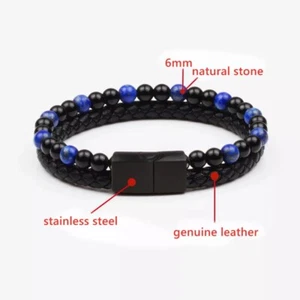Fashion Natural Stone Genuine Leather Bracelet Men Black Stainless Steel - Picture 1 of 2
