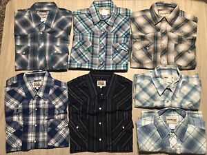 Lot Of 7 Western Pearl Snap Shirts Mens M/L/XL Rockabilly Wrangler Ely Cattleman