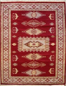 Alfombra de área roja Rugstc 4x6 diseño caucásico, anudada a mano, geométrica con seda/lana - Imagen 1 de 5