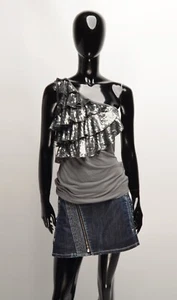Miss Sixty Y2K 2000's Stunning Beaded Gray Silver One Shoulder Top Size M - Picture 1 of 9