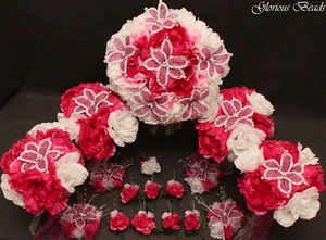 Wedding Bridal Bouquet Package Flower FUCHSIA PINK 18 PC Peony BEADED LILY rose - Picture 1 of 13