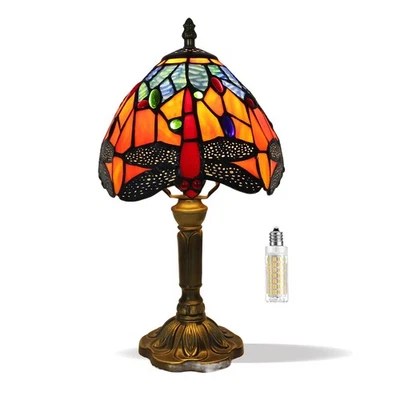 Lámpara de mesa estilo libélula Tiffany de 8 pulgadas vintage pequeña azul naranja manchada G... Foto 1 de 4