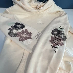 Adidas Fleece Hoodie Womens Cream Floral Sleeve Design & Embroidered Logo Sz S - Picture 1 of 13