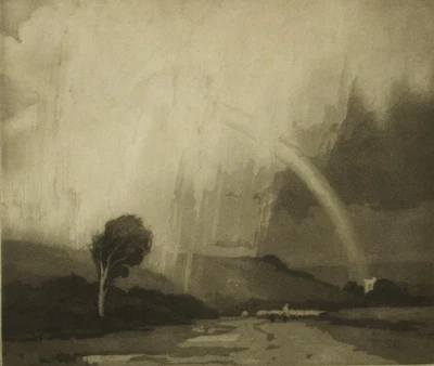 Gravura à prova de lápis assinada por Mabel C. Robinson; Storm & the Rainbow década de 1920 - Imagem 1 de 4