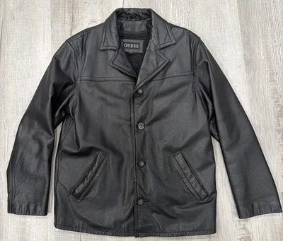 Vintage Guess Genuine Leather Black Lined Heavy Four Button Jacket Men's  Medium - Image 1 of 4