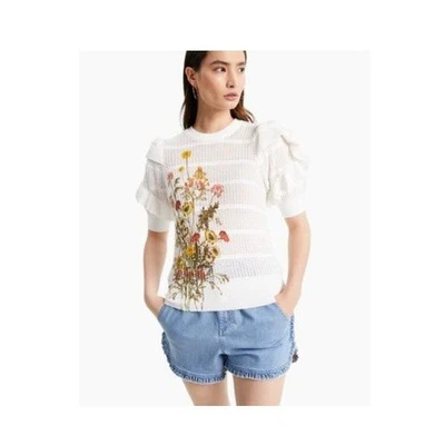 Suéter de manga corta tejido abierto con diseño de flores blancas lavadas INC para mujer nuevo con etiquetas AW55 Foto 1 de 4