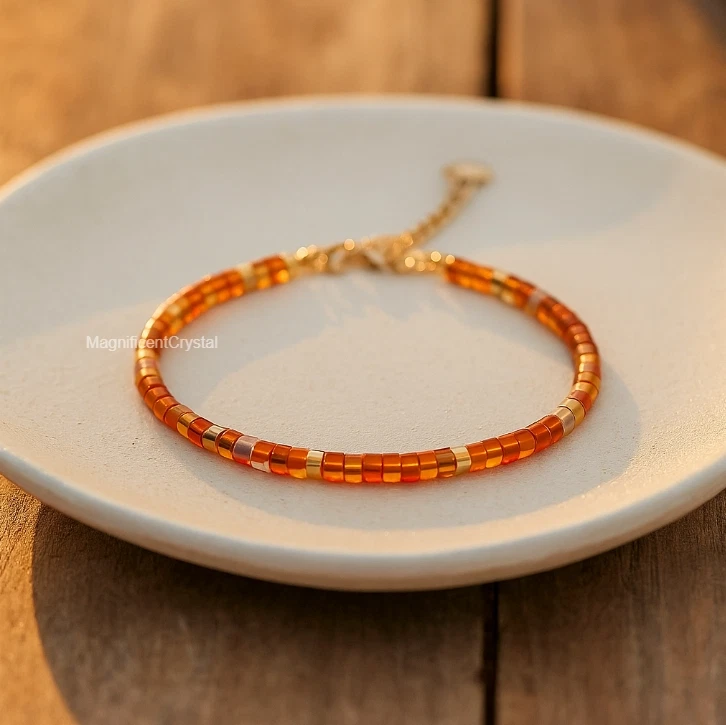 Minimalist Carnelian Bracelet Tube Beaded Red Agate Boho Jewelry Birthday Gifts - Image 1 of 4