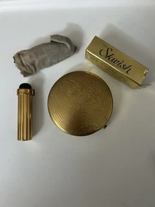 1950s Skwish Perfume Atomizer & Gold Tone Medal 3” Makeup Compact Vintage - Picture 1 of 10
