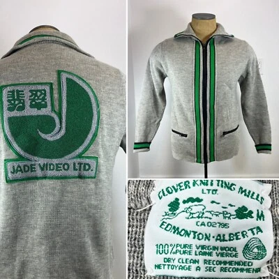 Vintage Wool Sweater Full Zip Gray Green Patch Jade Video RARE! Medium M - Image 1 of 4