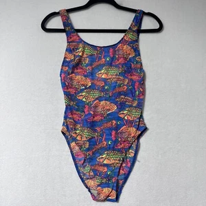 Vintage Solar Mesh One Piece Swimsuit Size 7/8 See Through Neon Fish 80s 90s - Picture 1 of 10