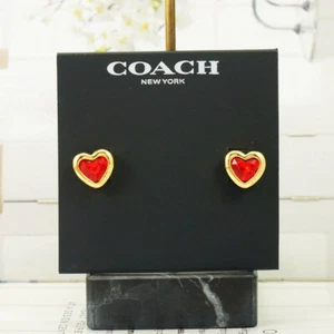 Coach Stone Heart Red Stud Earrings Gold Plated - Picture 1 of 4