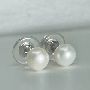 Genuine White Freshwater Pearl Stud Earrings 8mm round 925 Sterling Silver - Picture 1 of 5