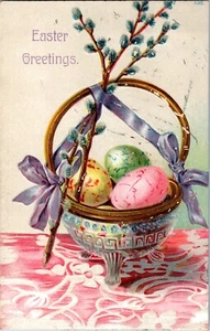 Vintage Easter Postcard Greetings Eggs Glass Basket Pussy Willow Germany Embosse - Picture 1 of 2