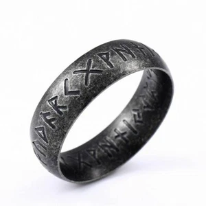 316L Edelstahl Ring Schwarz Odin Nordisch Wikinger Amulett Doppel Rune Worte  - Bild 1 von 8
