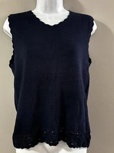 Talbots Womens Sleeveless Knit Sweater Sz M Navy Blue Crochet Hem Classic - Picture 1 of 22