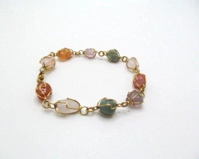 Brazalete de piedras semipreciosas vintage de cuarzo ágata y aventurina tono dorado Foto 1 de 4