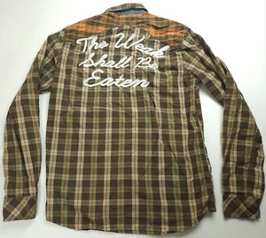 Large Akoo Shirt Mens Trust 80 Long Sleeve Plaid 'The Weak Shall Be Eaten' Shirt - Picture 1 of 8