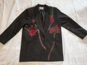 Vintage Mary Flanagan Black Patch Work Art Wool Blazer Jacket Coat Womens Small - Picture 1 of 10
