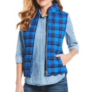 Draper James Womens Navy/Cobalt Blue Buffalo Plaid Scalloped Puffer Vest Size 10 - Picture 1 of 13