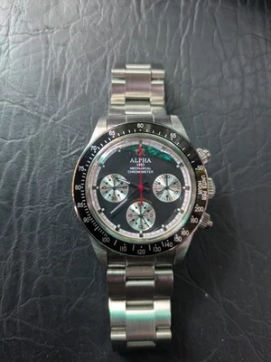 Reloj Alpha Cuerda Manual Cronógrafo Negro Grande Rojo Esfera Paul Newman Foto 1 de 4