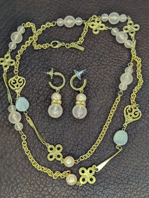 VTG Casual Corner Pink & Gold Beaded Necklace & Earrings 1990's - Image 1 of 4