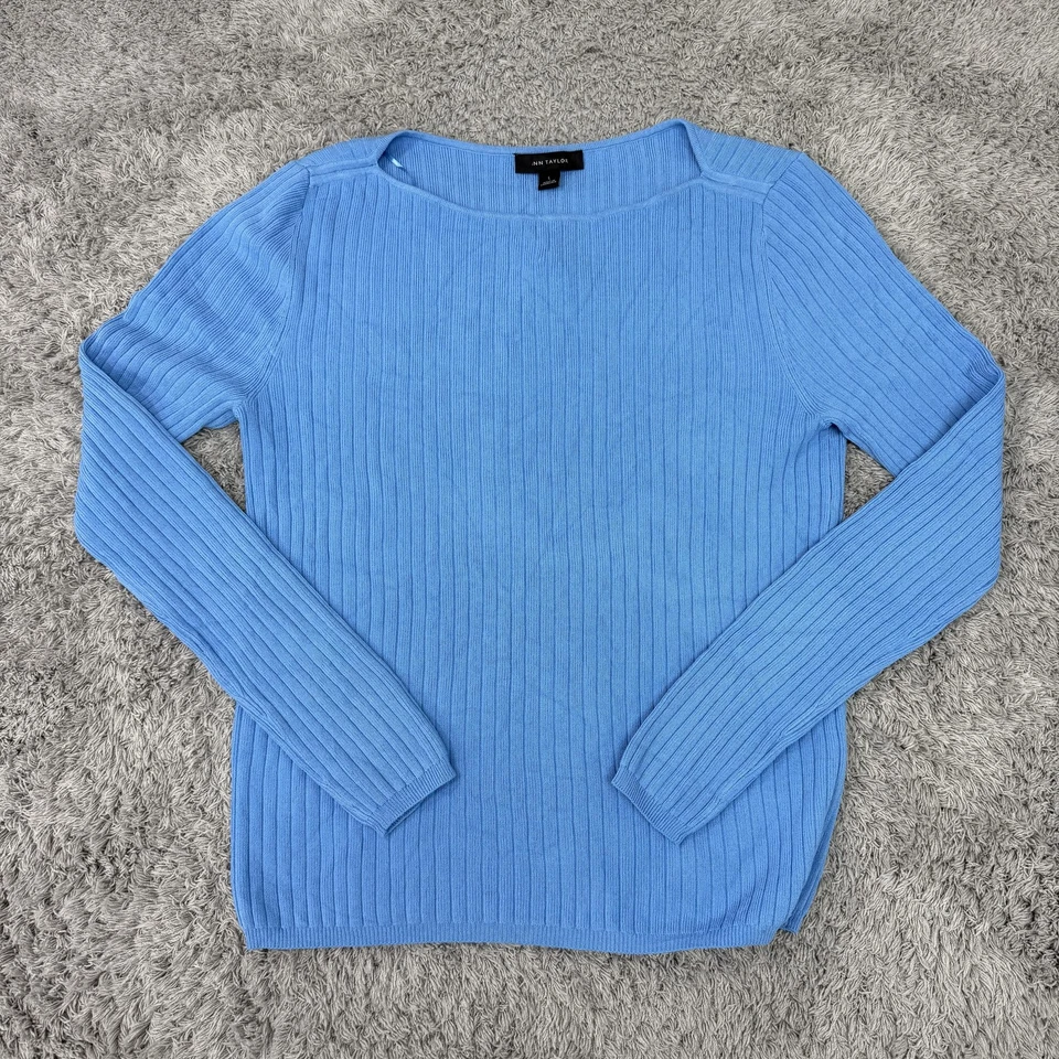 Suéter Ann Taylor Mujer Grande Azul Acanalado Tejido Pullover Manga Larga Elástico Foto 1 de 4
