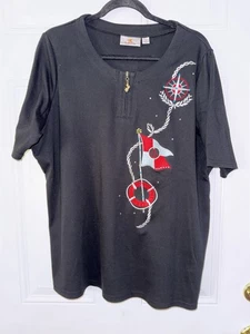 Camisa Náutica Negra Manga Corta Quacker Factory Estrella Dorada Cremallera Tirador 1X - Imagen 1 de 11