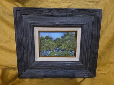Pintura en vidrio reverso extremadamente RARA enmarcada y firmada por Texas Bluebonnets Foto 1 de 4