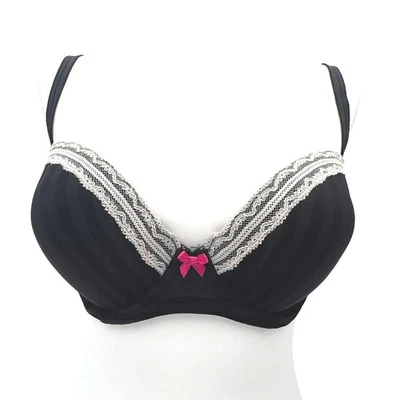 BETSEY JOHNSON Intimates 32DD Black Striped White Lace Pink Bow Balconette Bra - Image 1 of 4