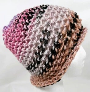 Gorro tejido a mano rosa negro lavanda adulto adolescente mujer 100 % acrílico - Imagen 1 de 4