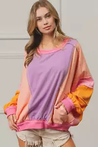 BiBi Color Block Exposed Seam Sweatshirt with Pockets - Picture 1 of 8