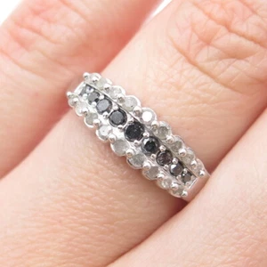 925 Sterling Silver Real Round-Cut Black & White Diamond Ring Size 7 - Picture 1 of 9