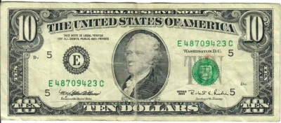 1995 10$ FRN - Small portrait w/ security thread - MEW/RER E48709423C - #15241 - Image 1 of 2