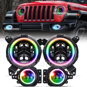 RGB LED Headlights Fog Lights w/Brackets For Jeep Wrangler JL Gladiator JT 18-22 - Picture 1 of 20