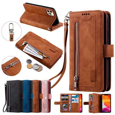 For iPhone 17/Air/16e/15/14/13/12/11 Pro Zip Leather Wallet Case Card Flip Cover - Image 1 of 4