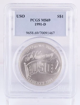 Certified 1991-D Silver $1 PCGS MS69 USO 50th Anniversary  - Image 1 of 4