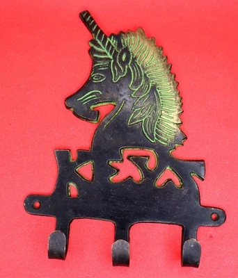 Horse Unicorn Shape Vintage Antique Finish Handcrafted Brass 3 Hook Wall Hanger - image 1 of 4