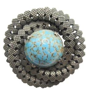 Blue Brown Speckled Glass Scarf Clip Brooch Old Signed Revere Trombone Clasp Pin - Picture 1 of 2