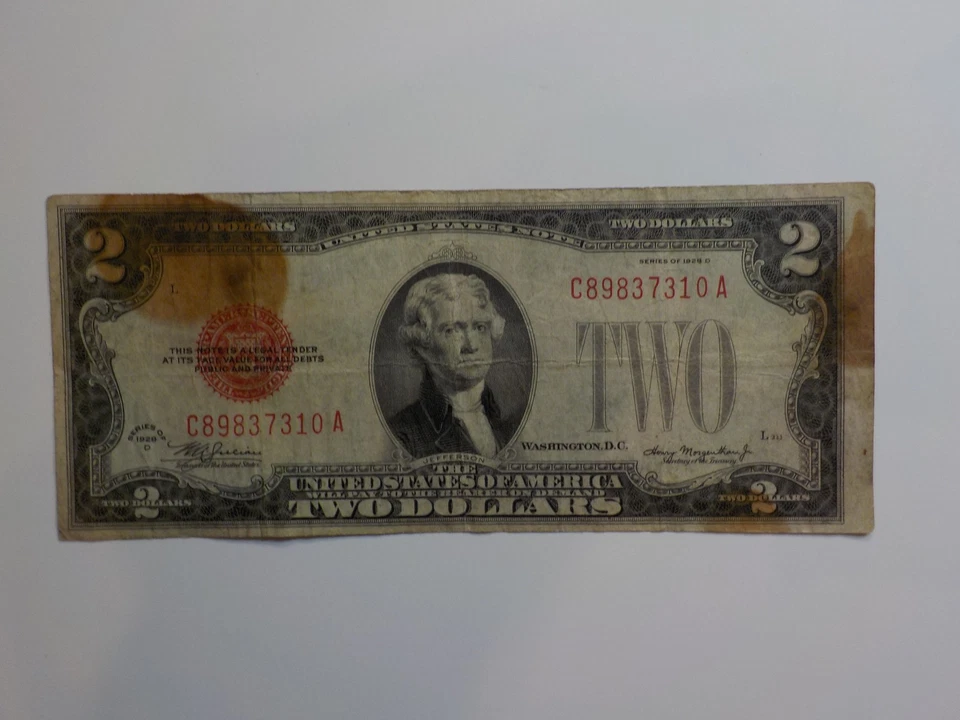 Currency Note 1928 2 Dollar Bill Paper Money Red Seal United States Two USA VTG  - Image 1 of 2