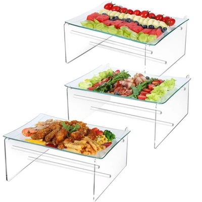 3 Pack Tempered Glass Serving Platter Tray with Stand, 14" x 10" Large Food D... - Image 1 of 4