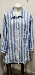 H&M Button Down Long Sleeve Linen Tunic Blouse Striped Coastal Women 2XL - Picture 1 of 6